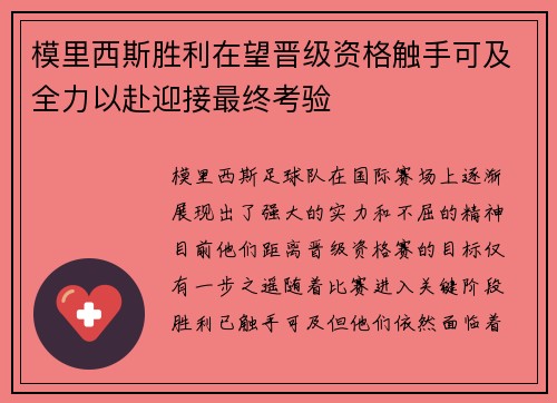 模里西斯胜利在望晋级资格触手可及全力以赴迎接最终考验
