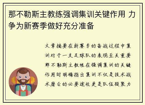 那不勒斯主教练强调集训关键作用 力争为新赛季做好充分准备