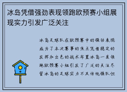 冰岛凭借强劲表现领跑欧预赛小组展现实力引发广泛关注