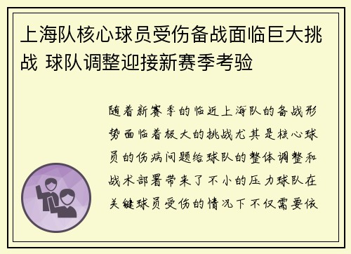 上海队核心球员受伤备战面临巨大挑战 球队调整迎接新赛季考验