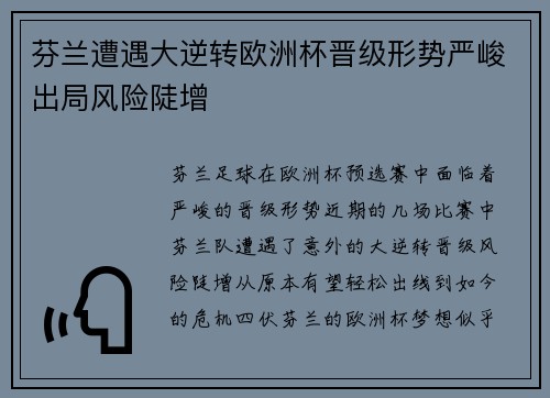 芬兰遭遇大逆转欧洲杯晋级形势严峻出局风险陡增