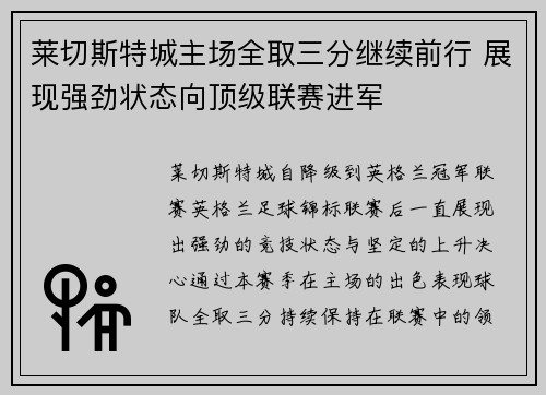 莱切斯特城主场全取三分继续前行 展现强劲状态向顶级联赛进军