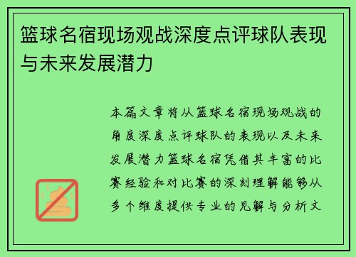 篮球名宿现场观战深度点评球队表现与未来发展潜力
