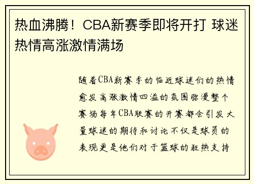 热血沸腾！CBA新赛季即将开打 球迷热情高涨激情满场