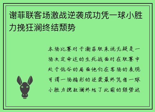 谢菲联客场激战逆袭成功凭一球小胜力挽狂澜终结颓势